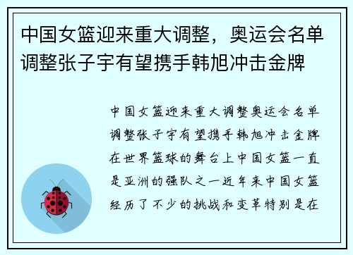 中国女篮迎来重大调整，奥运会名单调整张子宇有望携手韩旭冲击金牌