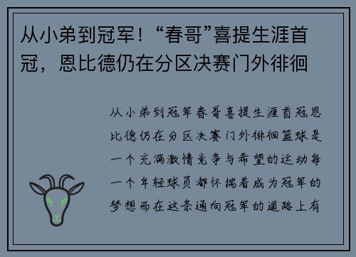 从小弟到冠军！“春哥”喜提生涯首冠，恩比德仍在分区决赛门外徘徊